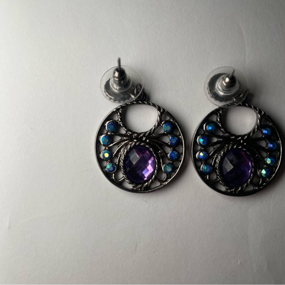 Vintage Silver and Purple Hoop Earrings with Amethyst